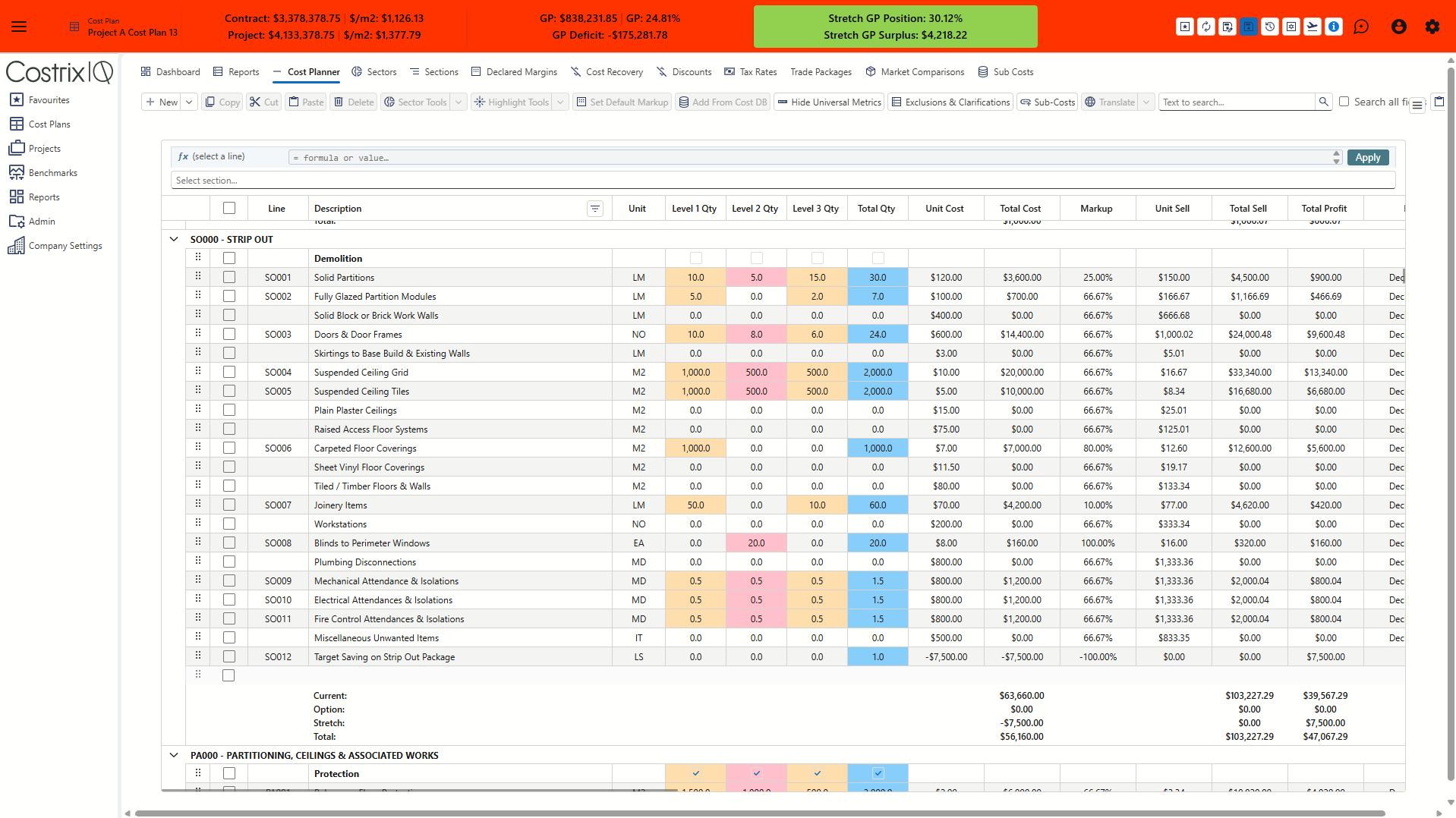 CostrixIQ cost planner showing structured cost, sell, margin and quantity information